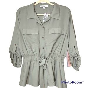 Sweet Rain NWT Mint Green Tie Waist Blouse Button Down 3/4 Sleeve Size L